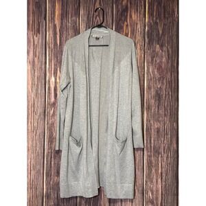 Alexandra Oak Cardigan Sweater Womens L Gray Ribbed Knit Long Open Front Pockets